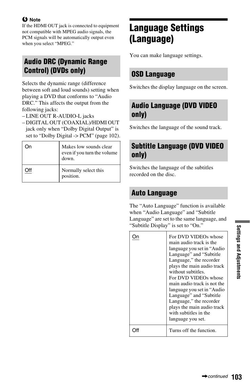 Language settings (language), Audio drc (dynamic range control) (dvds only) | Sony RDR-HX780 User Manual | Page 103 / 136