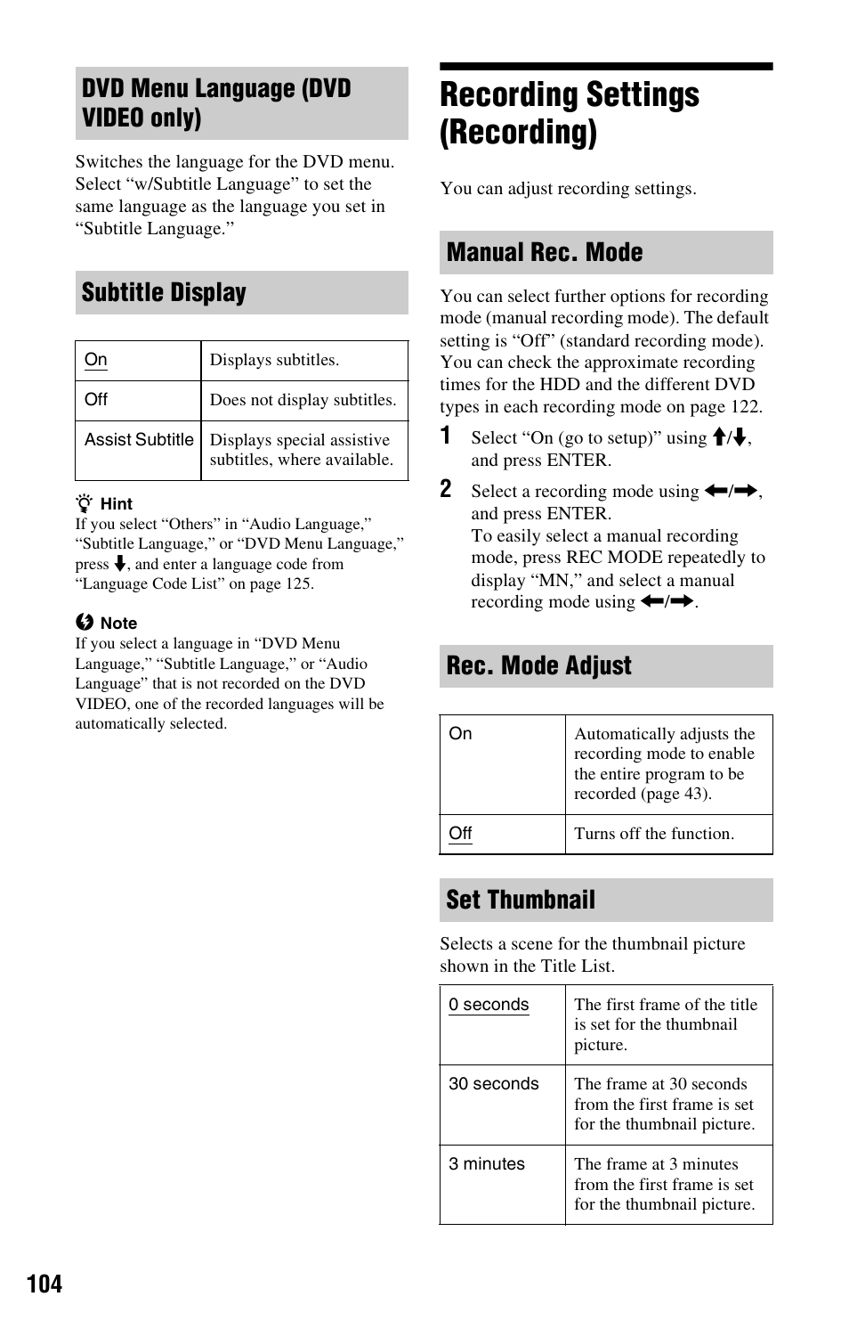 Recording settings (recording), Manual rec. mode rec. mode adjust, Set thumbnail | Sony RDR-HX780 User Manual | Page 104 / 136