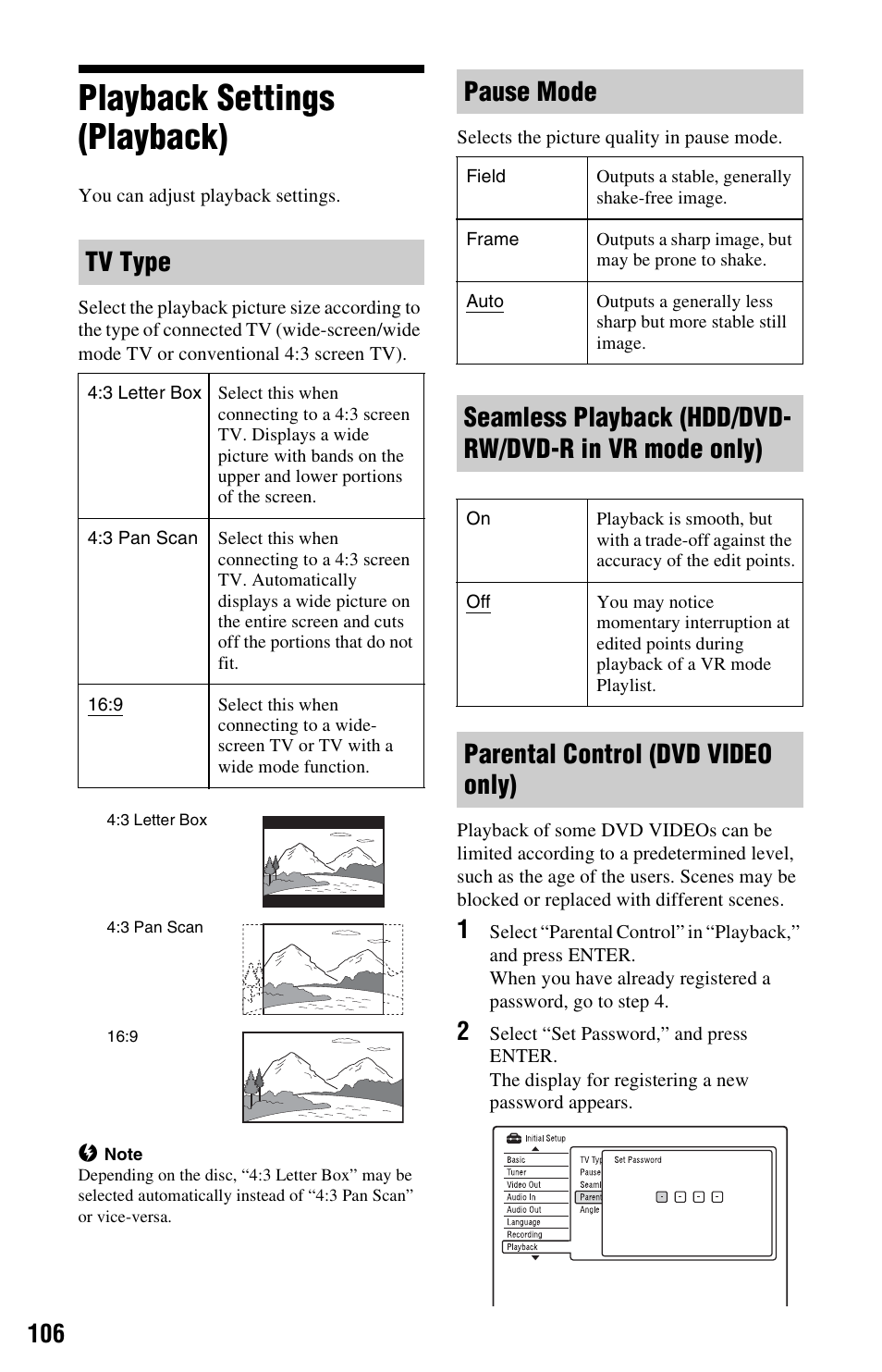 Playback settings (playback), Tv type, Pause mode | Parental control (dvd video only) | Sony RDR-HX780 User Manual | Page 106 / 136