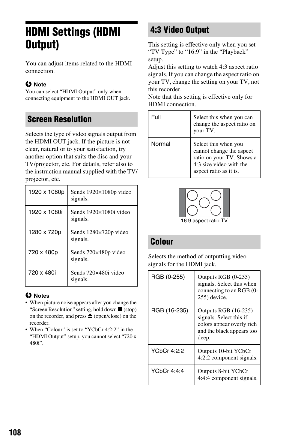 Hdmi settings (hdmi output), Screen resolution, 3 video output | Colour | Sony RDR-HX780 User Manual | Page 108 / 136