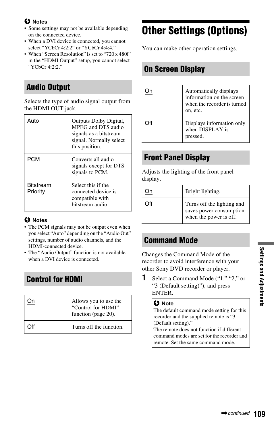 Other settings (options), Tor (109), Audio output | Control for hdmi, On screen display, Front panel display, Command mode | Sony RDR-HX780 User Manual | Page 109 / 136