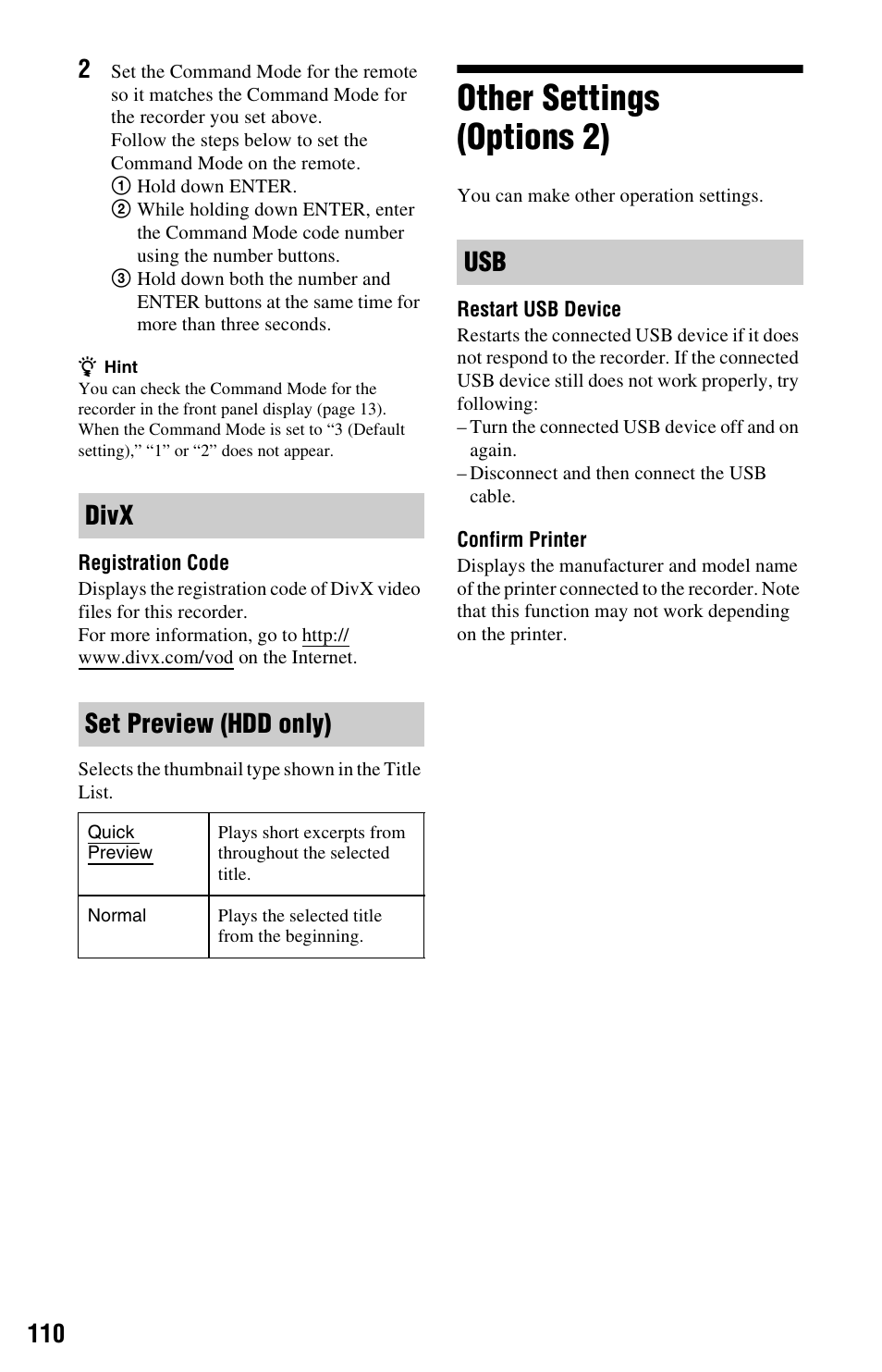 Other settings (options 2), Divx set preview (hdd only) | Sony RDR-HX780 User Manual | Page 110 / 136