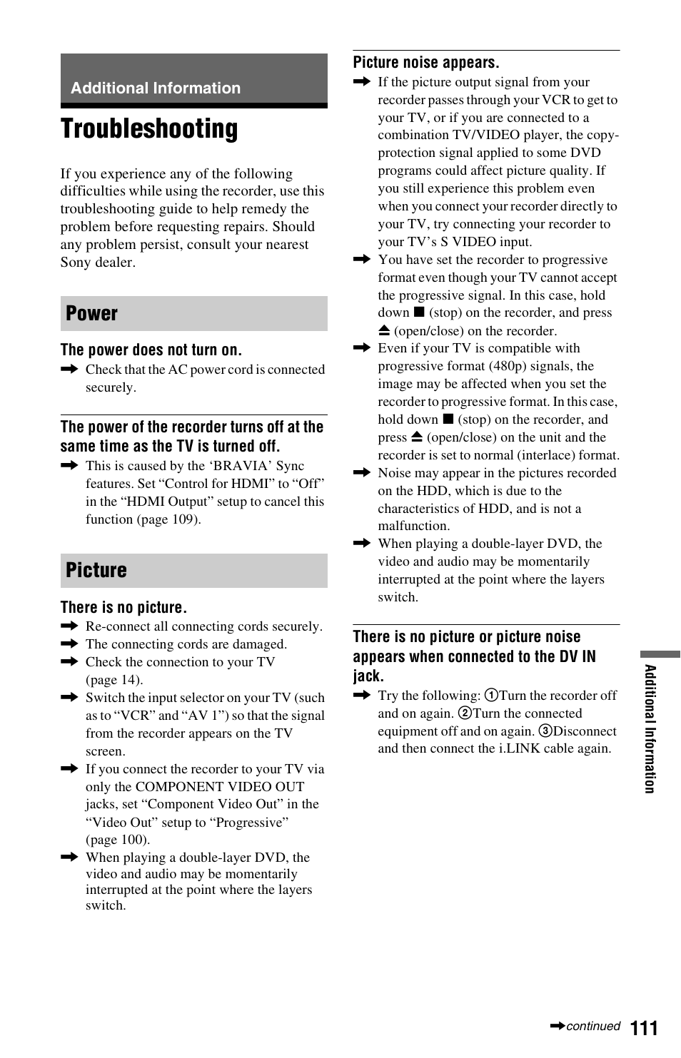 Additional information, Troubleshooting, Power picture | Sony RDR-HX780 User Manual | Page 111 / 136