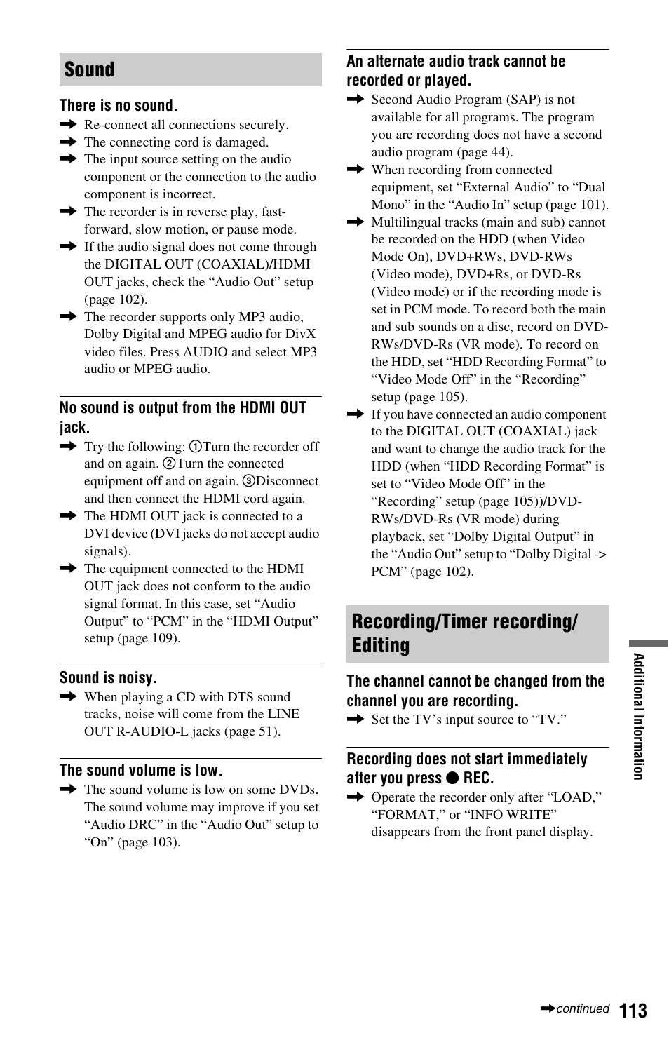 Sound recording/timer recording/ editing | Sony RDR-HX780 User Manual | Page 113 / 136