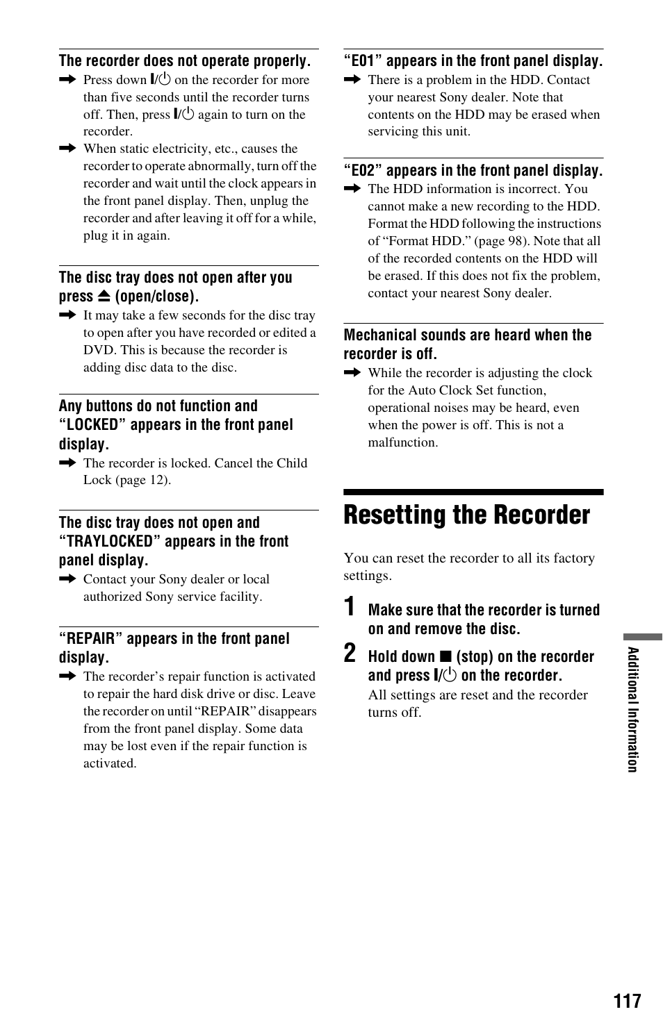 Resetting the recorder | Sony RDR-HX780 User Manual | Page 117 / 136