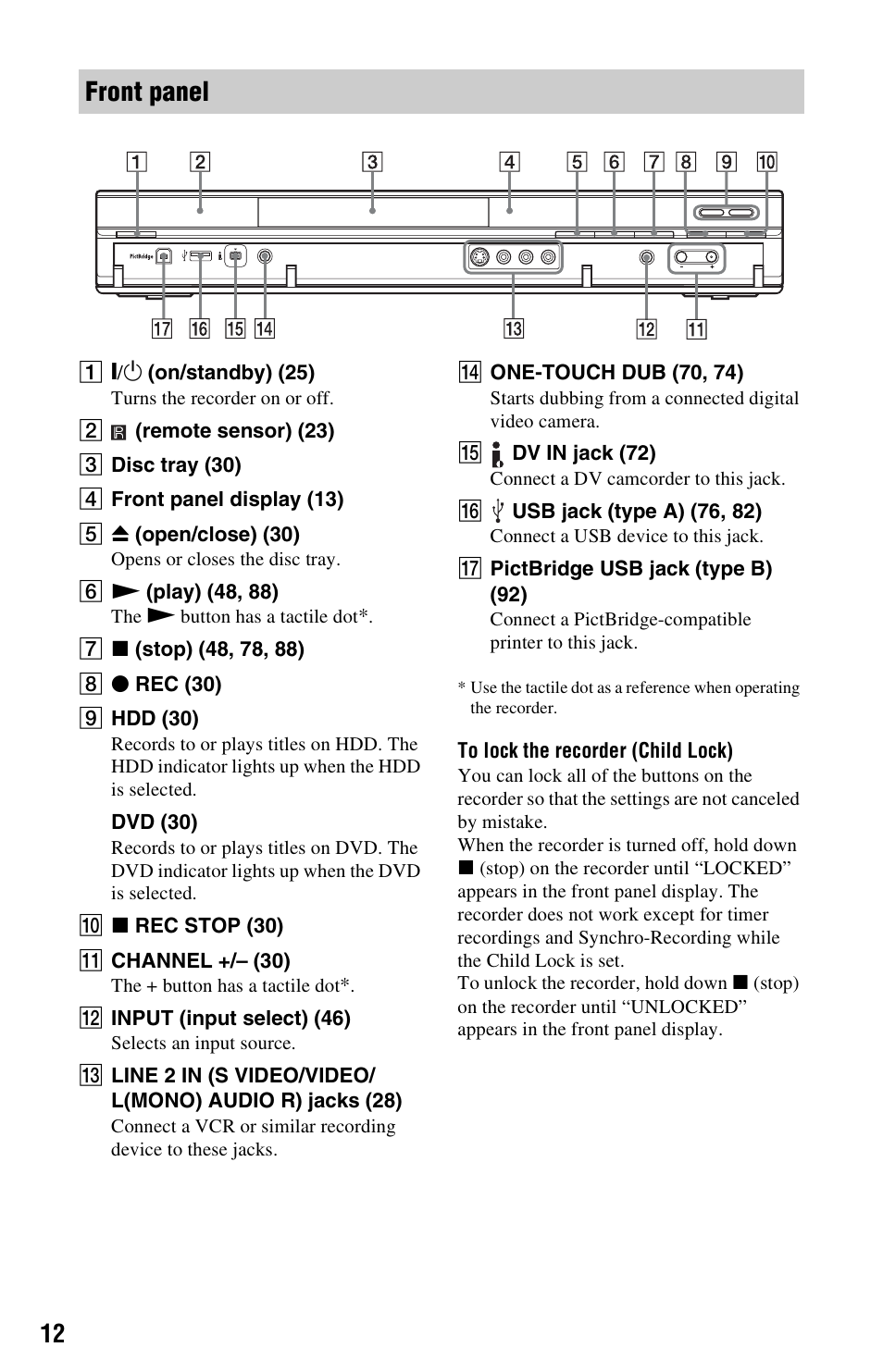 Front panel | Sony RDR-HX780 User Manual | Page 12 / 136