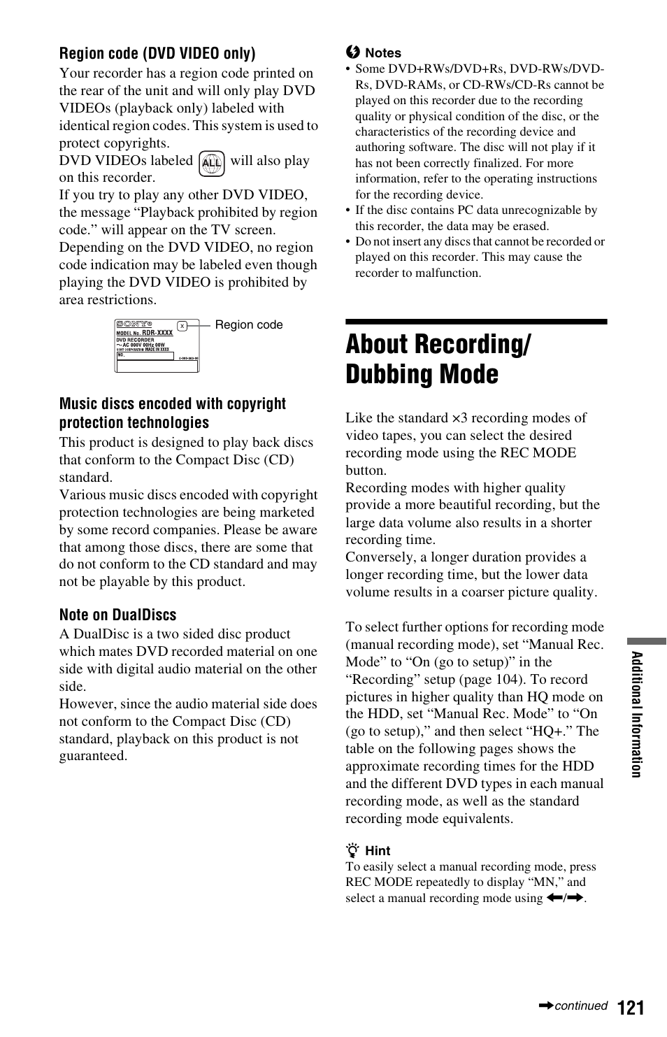 About recording/dubbing mode, About recording/ dubbing mode | Sony RDR-HX780 User Manual | Page 121 / 136