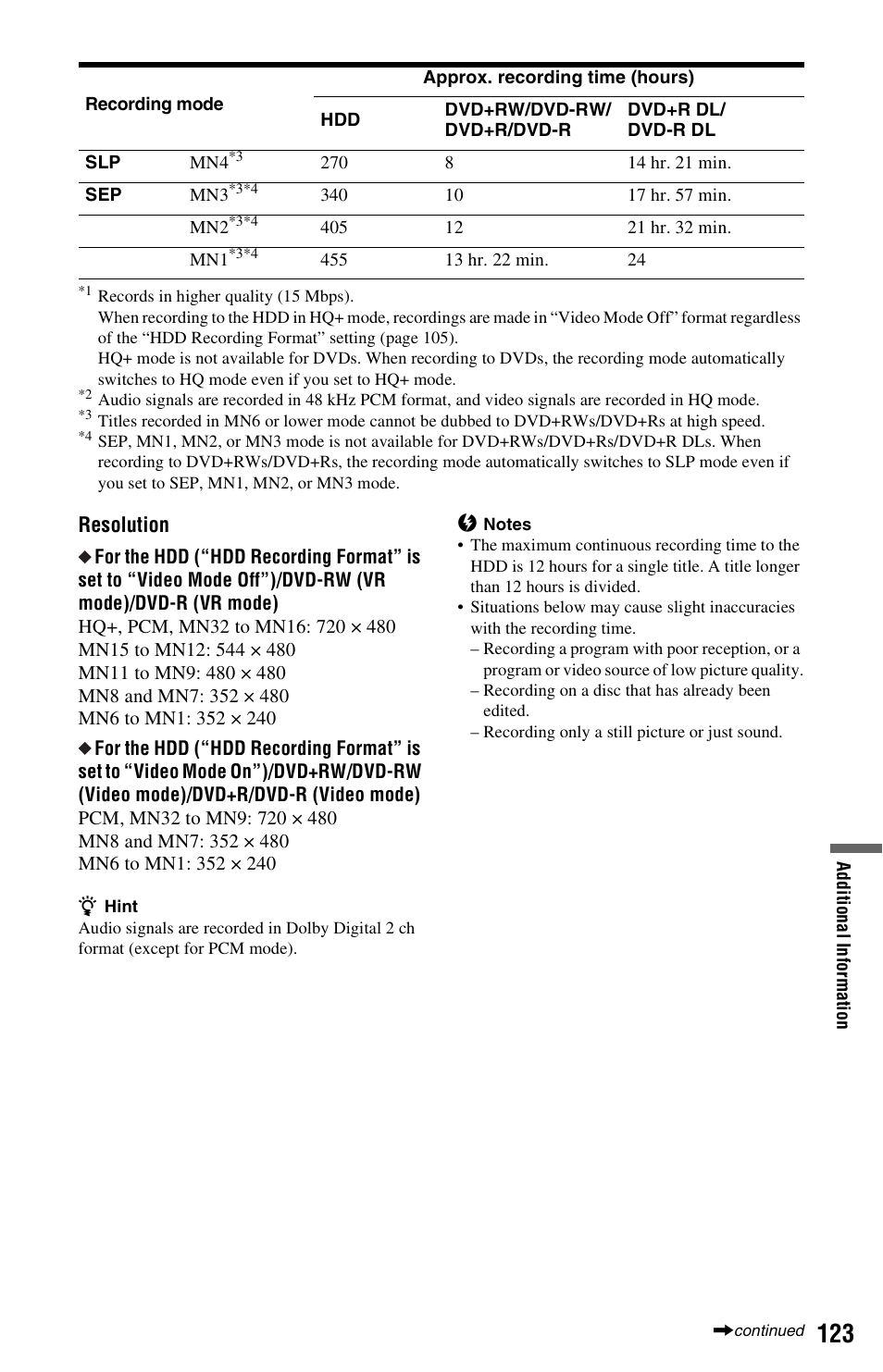 Resolution | Sony RDR-HX780 User Manual | Page 123 / 136