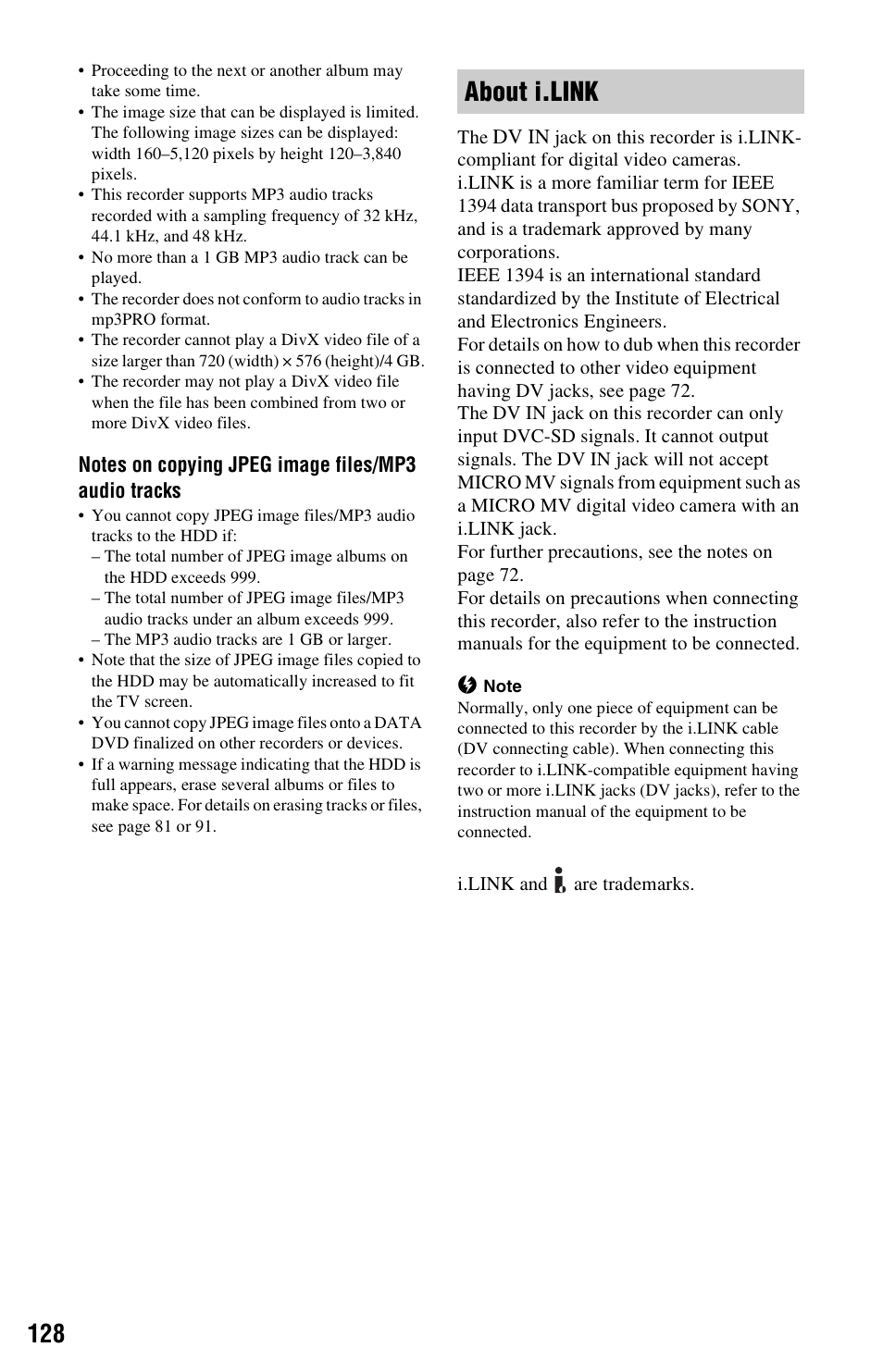 About i.link” on, About i.link | Sony RDR-HX780 User Manual | Page 128 / 136