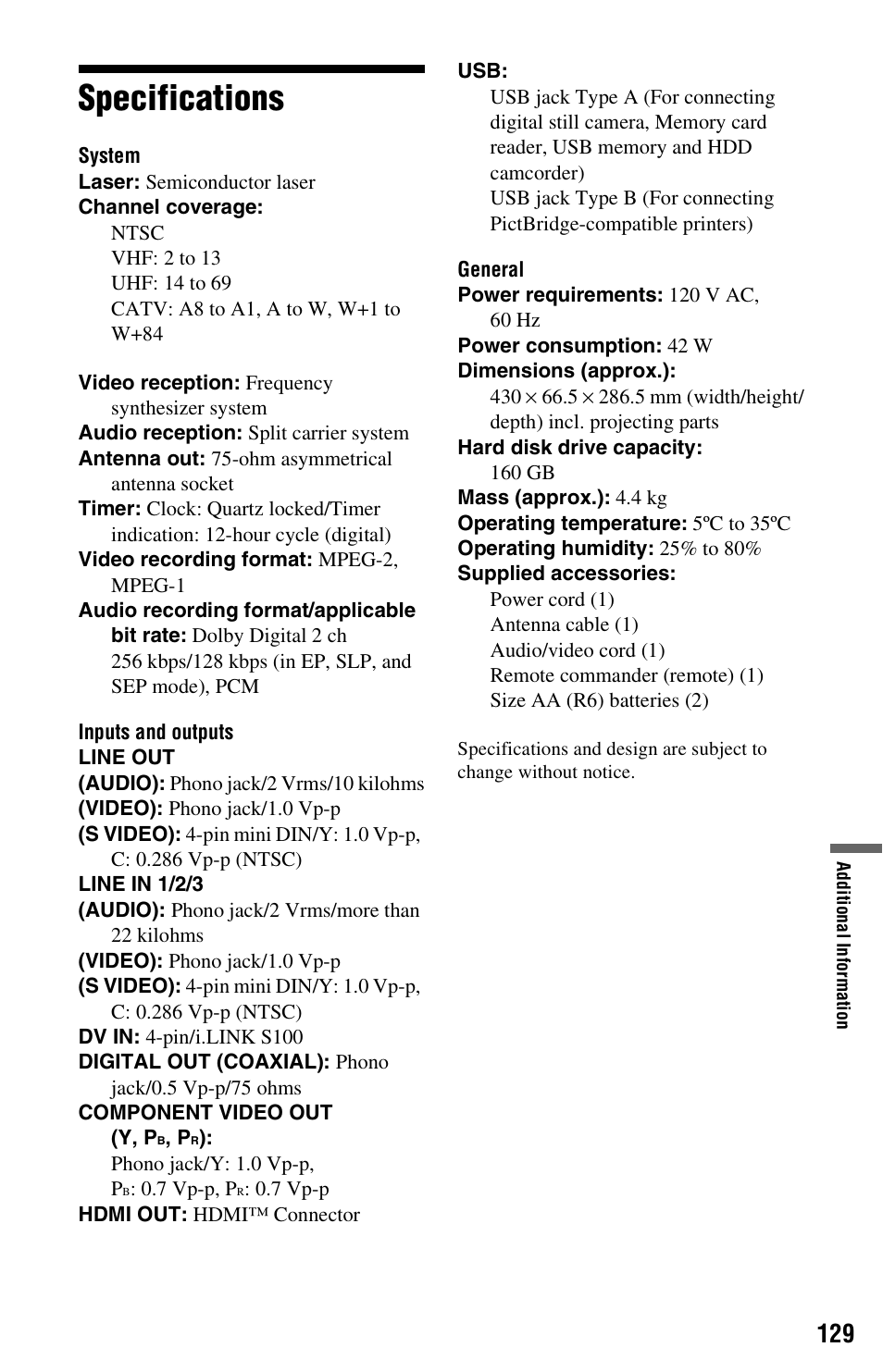 Specifications | Sony RDR-HX780 User Manual | Page 129 / 136