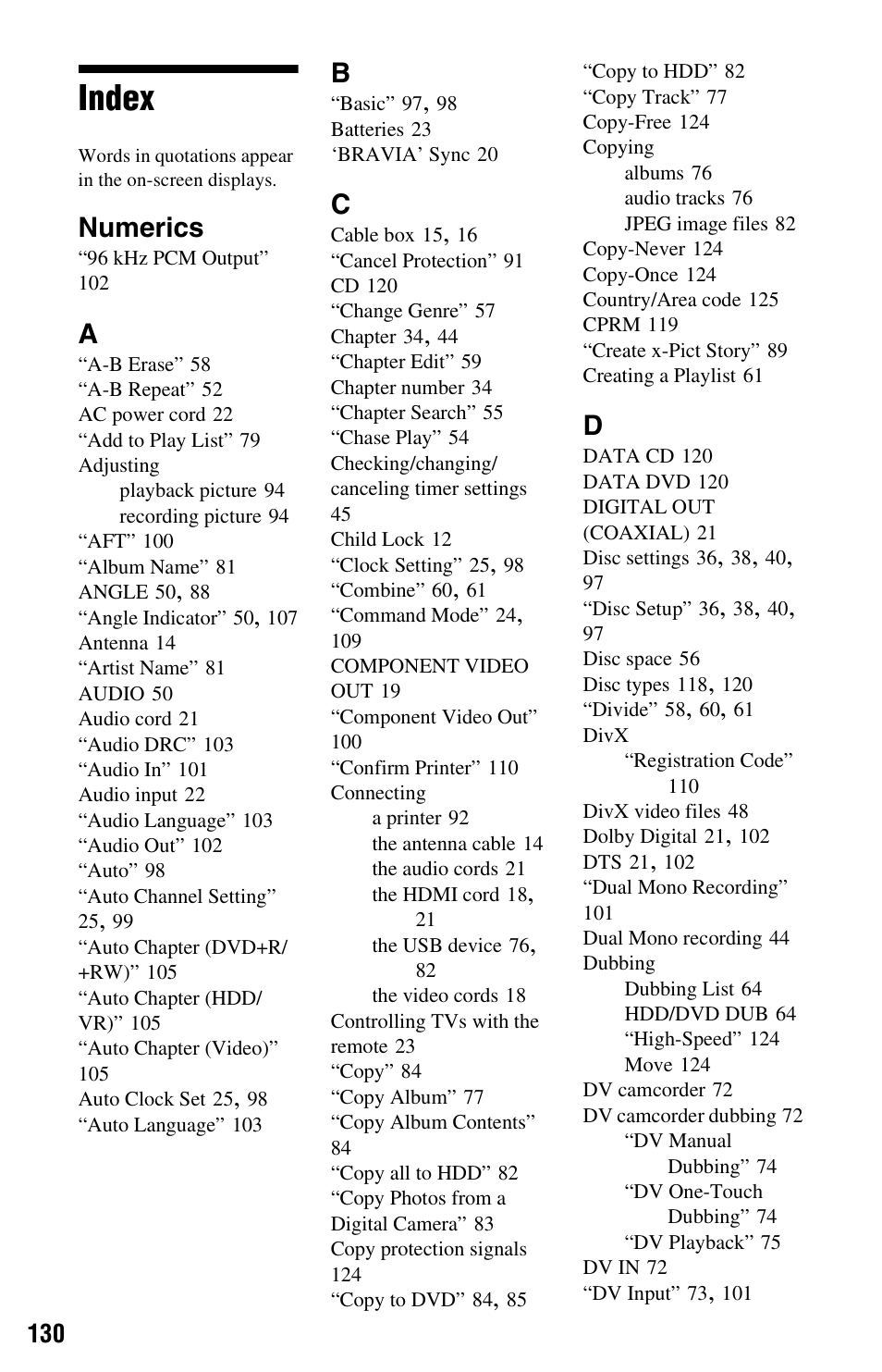 Index, Numerics | Sony RDR-HX780 User Manual | Page 130 / 136