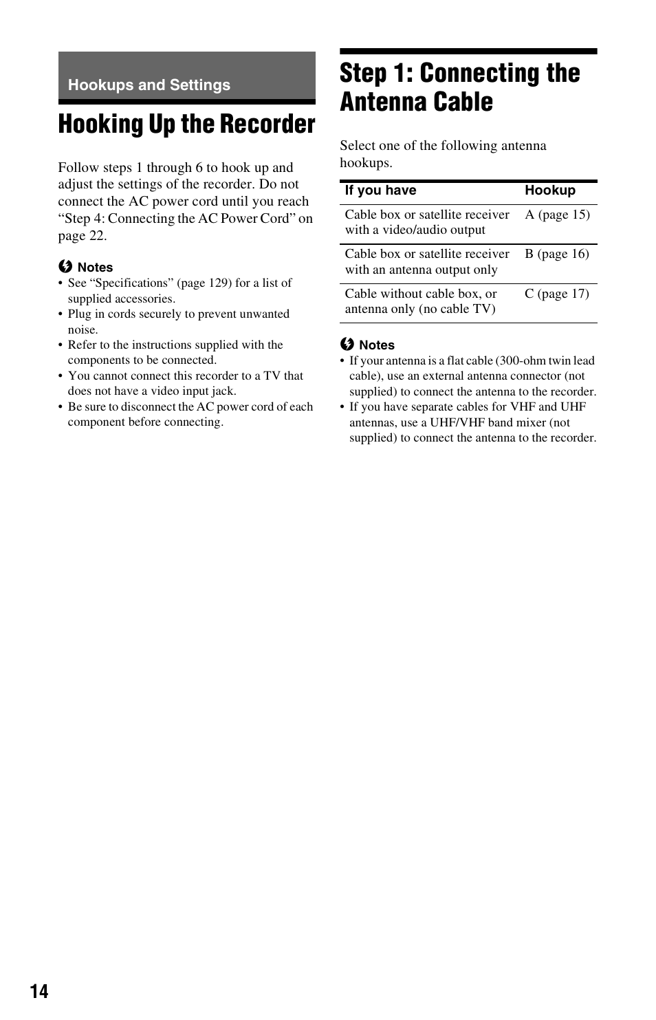 Hookups and settings, Hooking up the recorder, Step 1: connecting the antenna cable | Sony RDR-HX780 User Manual | Page 14 / 136