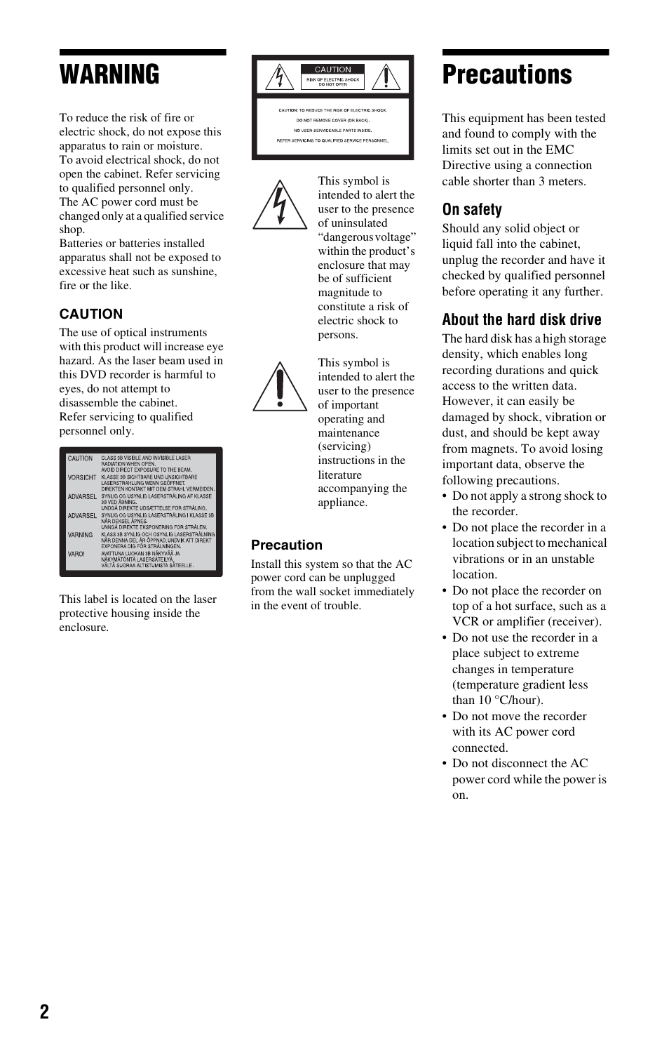 Warning, Precautions | Sony RDR-HX780 User Manual | Page 2 / 136