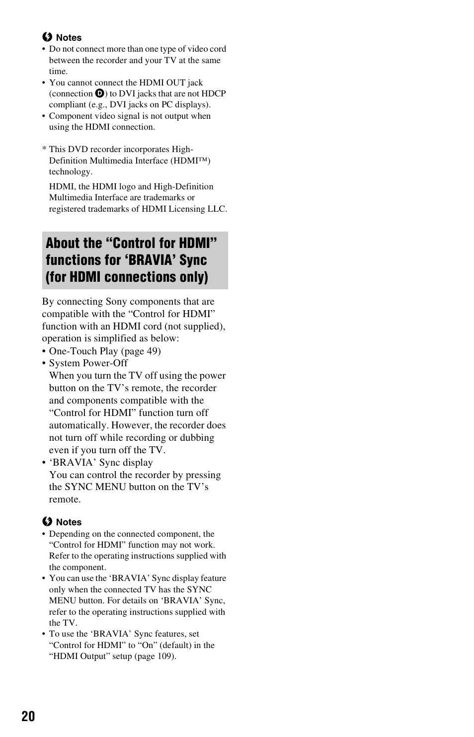 For hdmi connections only) | Sony RDR-HX780 User Manual | Page 20 / 136