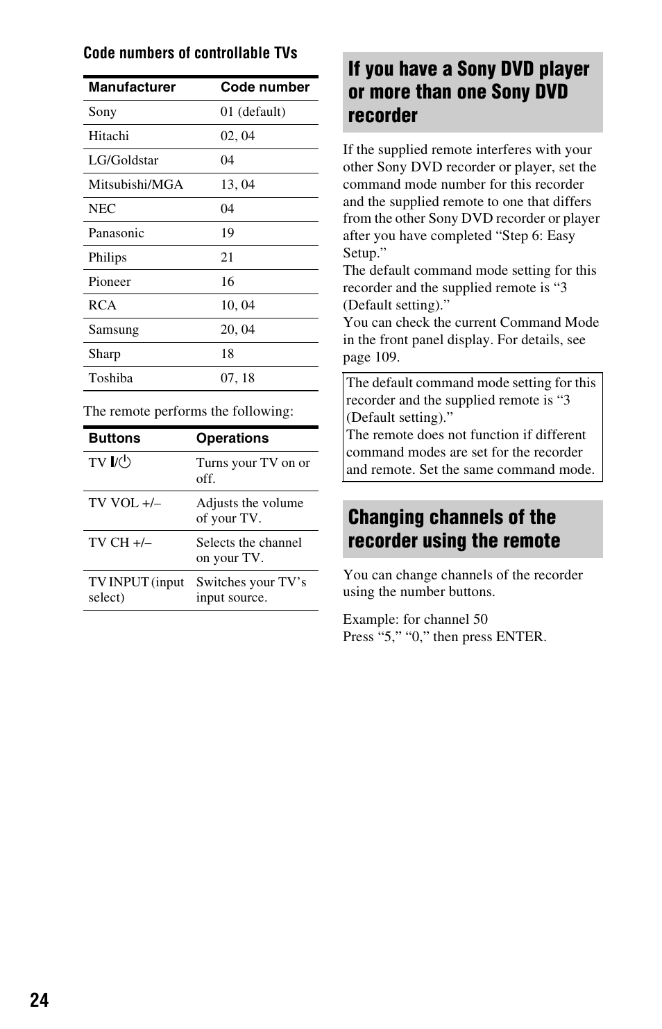 Changing channels of the recorder using the remote, Recorder | Sony RDR-HX780 User Manual | Page 24 / 136