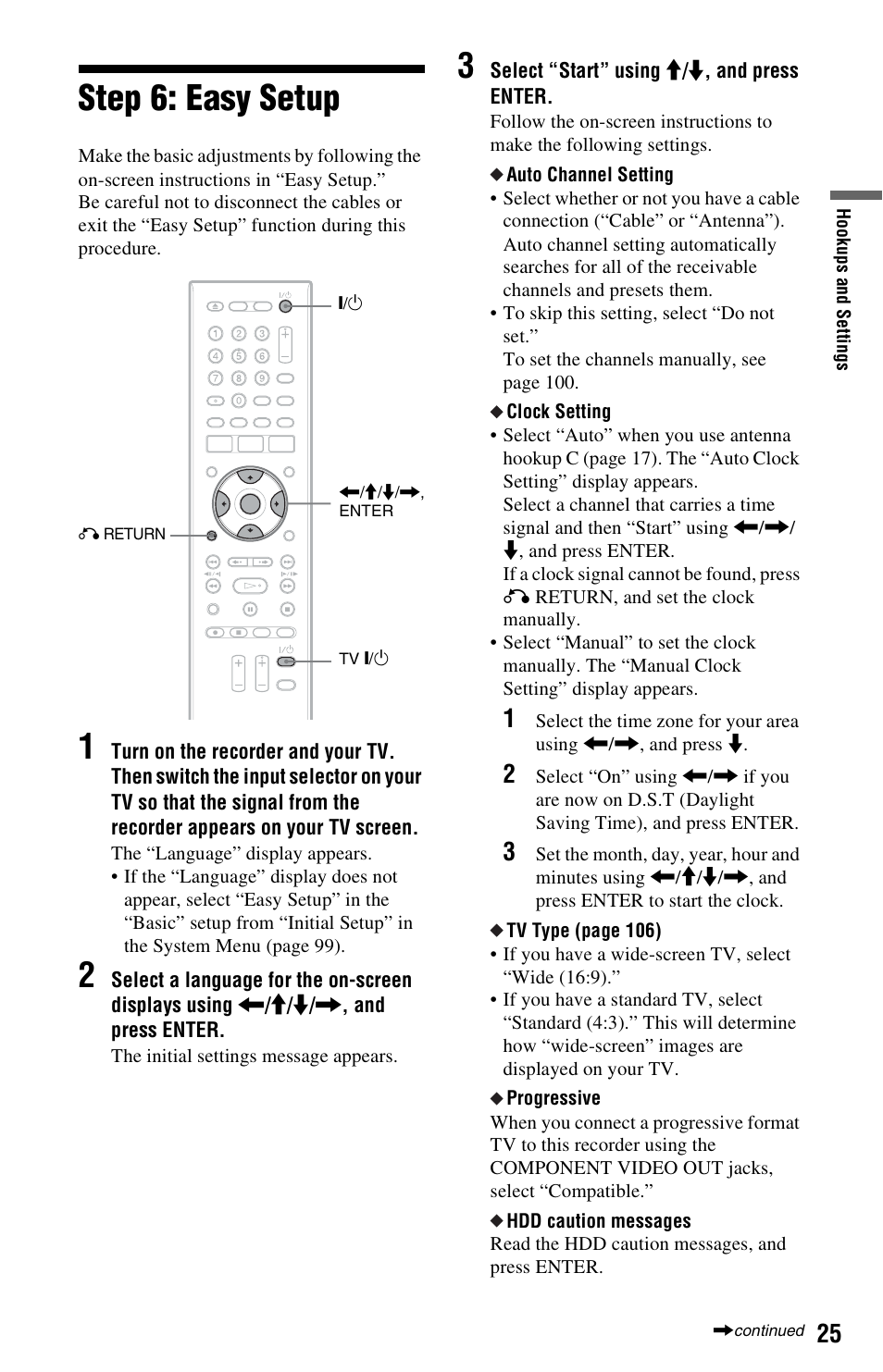 Step 6: easy setup, Y) (25), Enter (25) | Sony RDR-HX780 User Manual | Page 25 / 136