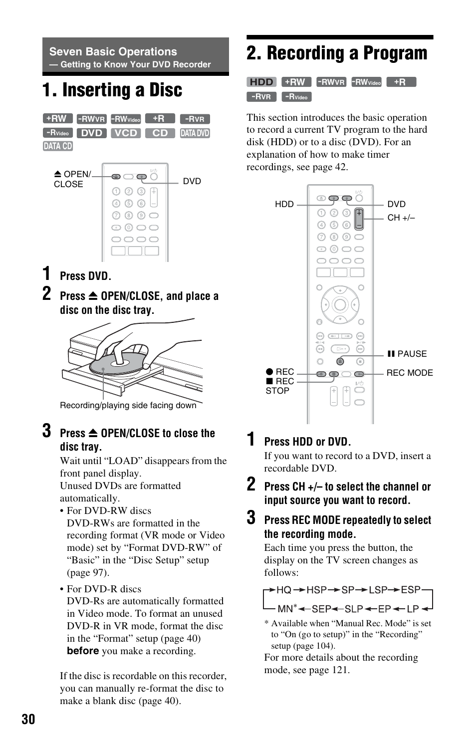 Inserting a disc, Recording a program, Inserting a disc 2. recording a program | Seven basic operations, Dd (30), Open/close (30), Rec (30), Rec stop (30), De (30), E) (30) | Sony RDR-HX780 User Manual | Page 30 / 136