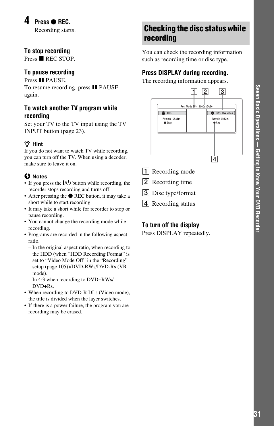 Checking the disc status while recording | Sony RDR-HX780 User Manual | Page 31 / 136