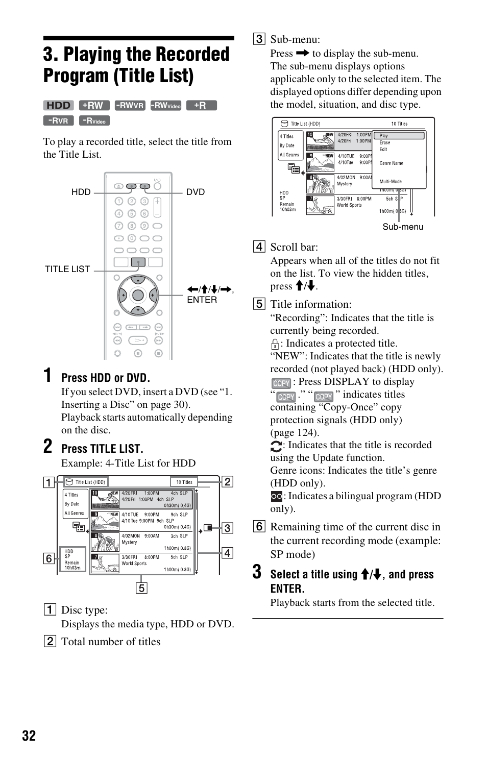 Playing the recorded program (title list), Title list (32, 48 | Sony RDR-HX780 User Manual | Page 32 / 136