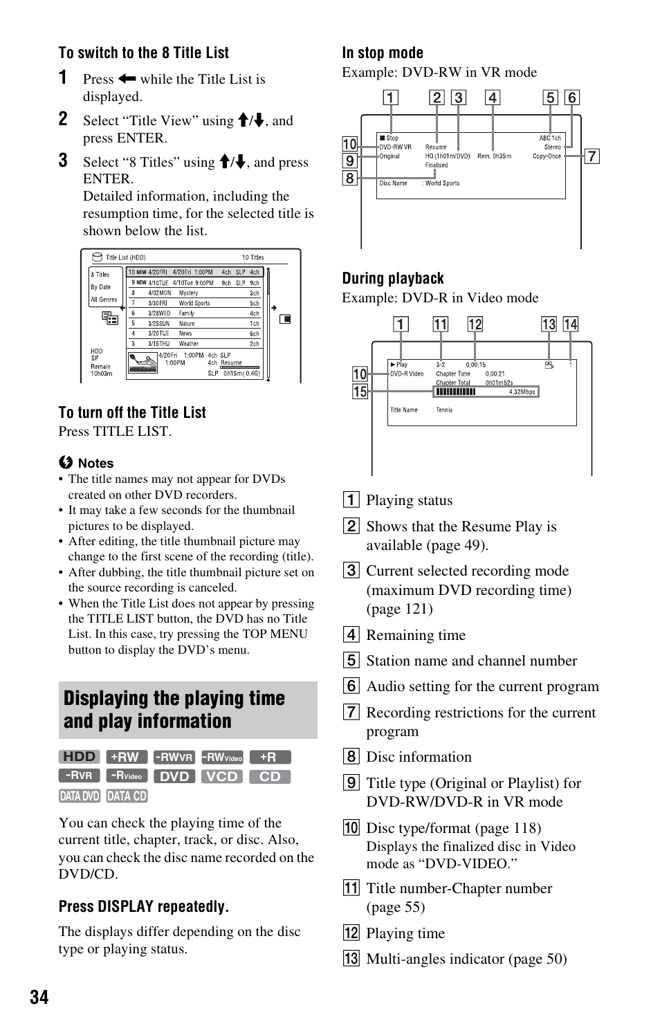 Displaying the playing time and play information, Display | Sony RDR-HX780 User Manual | Page 34 / 136