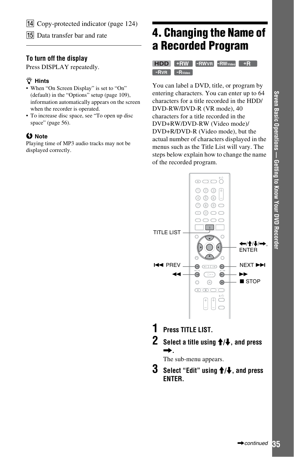 Changing the name of a recorded program | Sony RDR-HX780 User Manual | Page 35 / 136