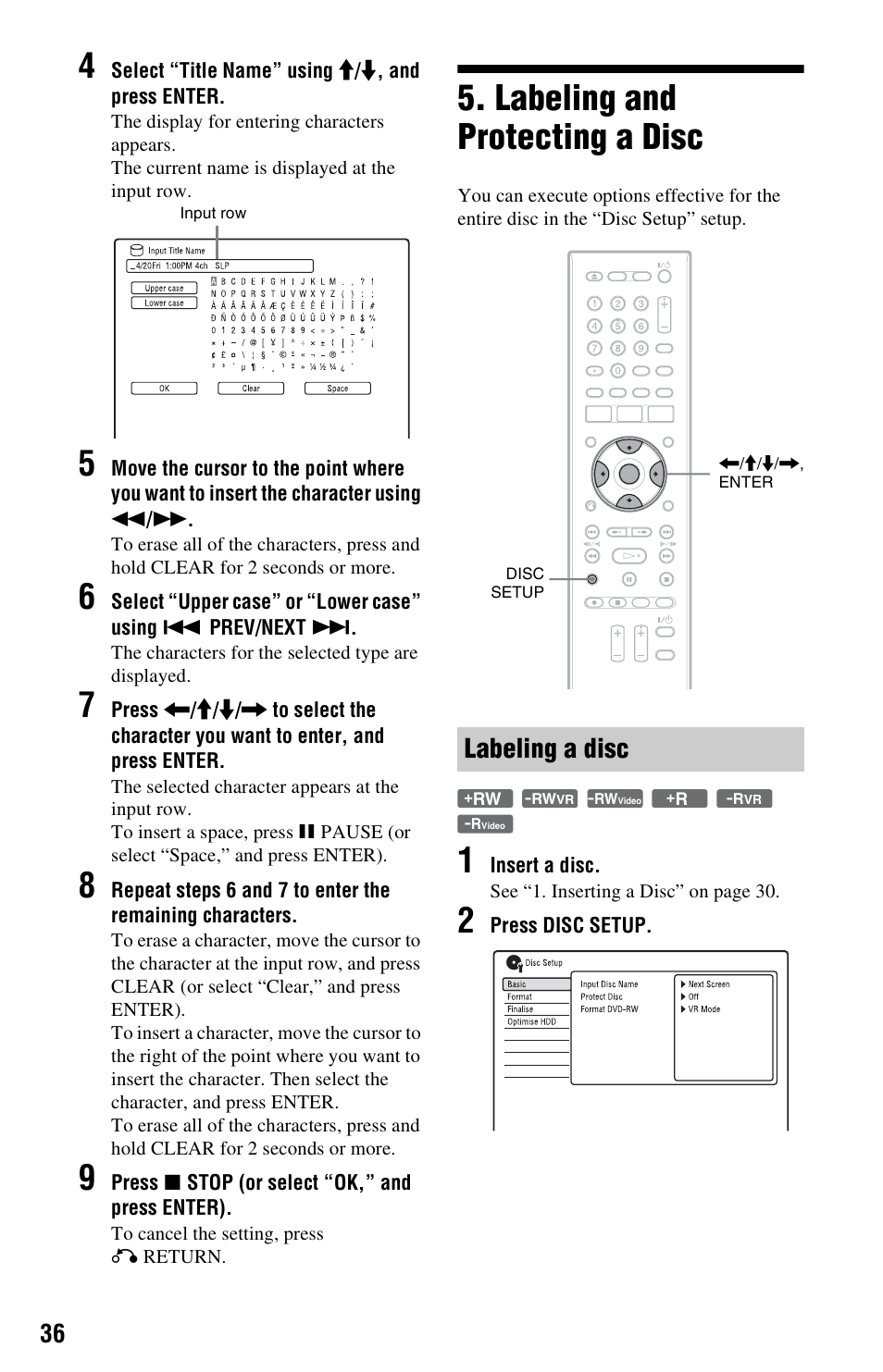 Labeling and protecting a disc, Labeling a disc | Sony RDR-HX780 User Manual | Page 36 / 136