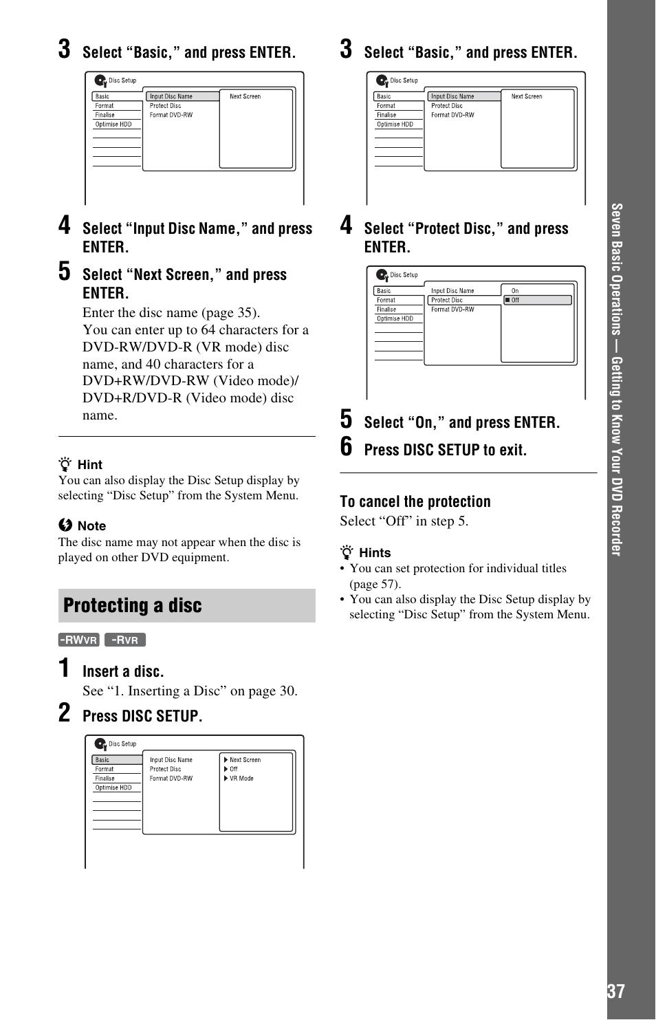 Protecting a disc | Sony RDR-HX780 User Manual | Page 37 / 136