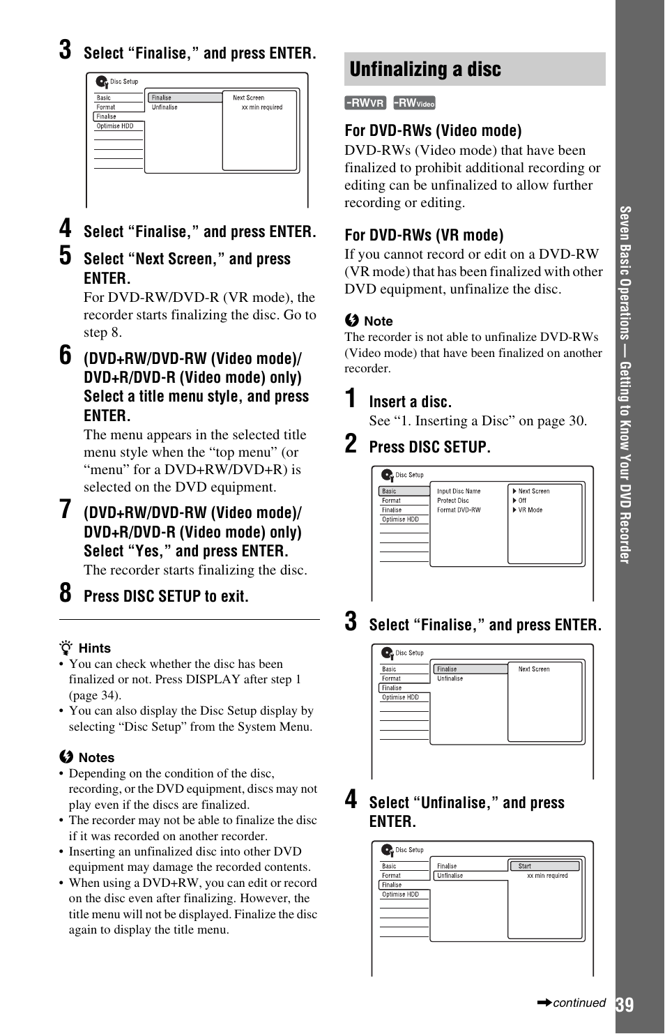 Unfinalizing a disc | Sony RDR-HX780 User Manual | Page 39 / 136