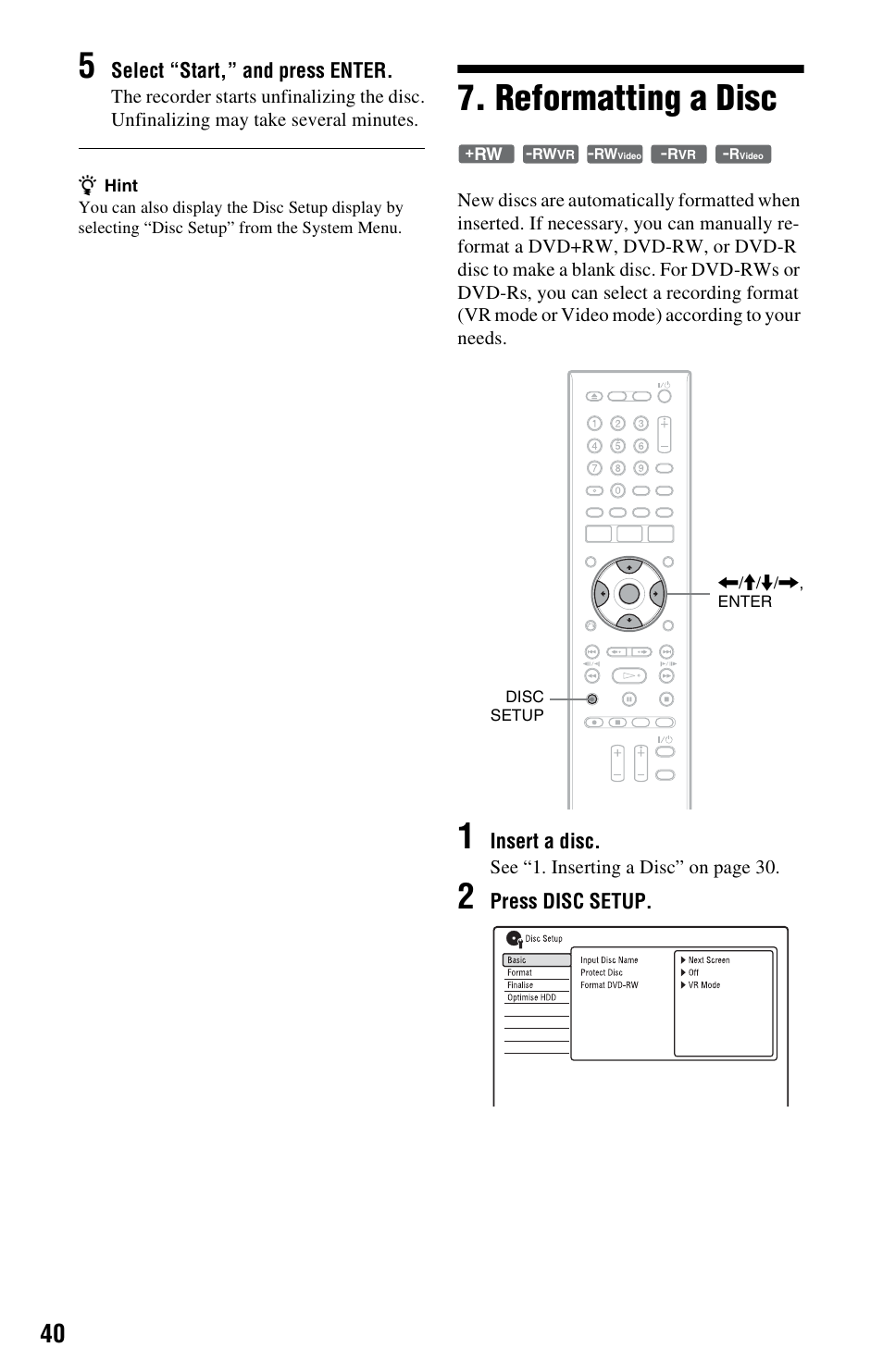 Reformatting a disc | Sony RDR-HX780 User Manual | Page 40 / 136