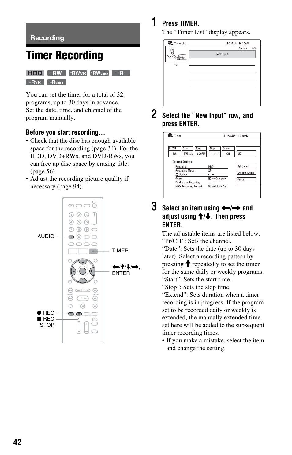 Recording, Timer recording | Sony RDR-HX780 User Manual | Page 42 / 136