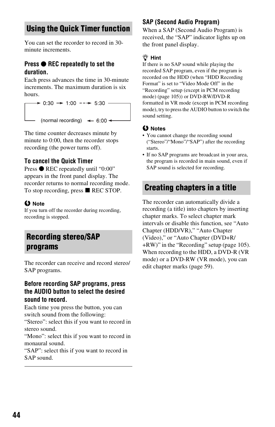 Using the quick timer function, Recording stereo/sap programs, Creating chapters in a title | Sony RDR-HX780 User Manual | Page 44 / 136