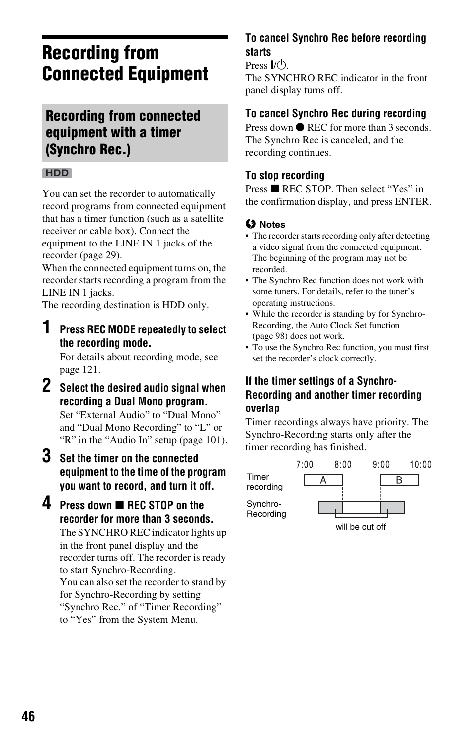 Recording from connected equipment, T) (46), Ct) (46) | Tor (46) | Sony RDR-HX780 User Manual | Page 46 / 136