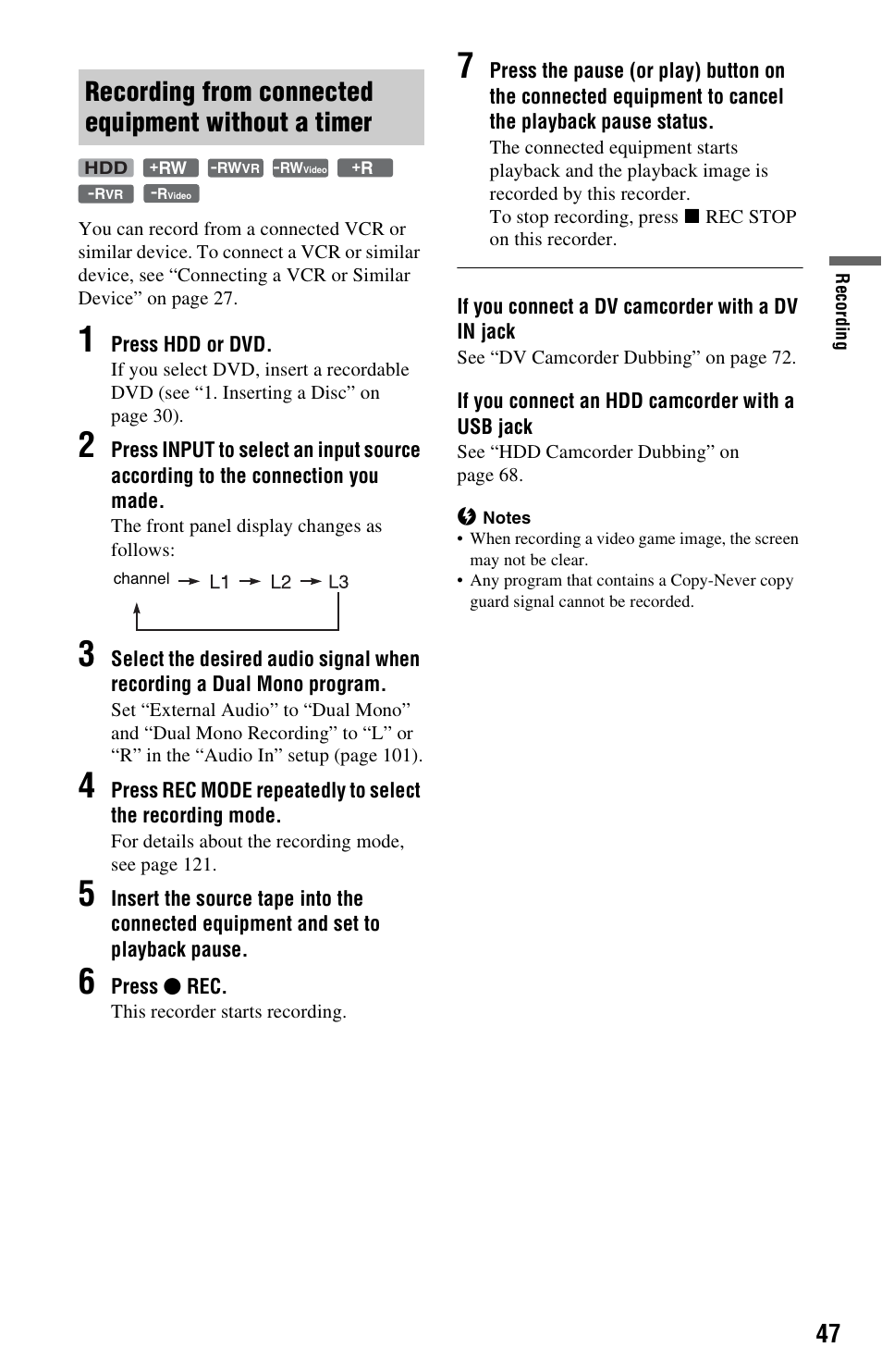 Recording from connected equipment without a timer | Sony RDR-HX780 User Manual | Page 47 / 136