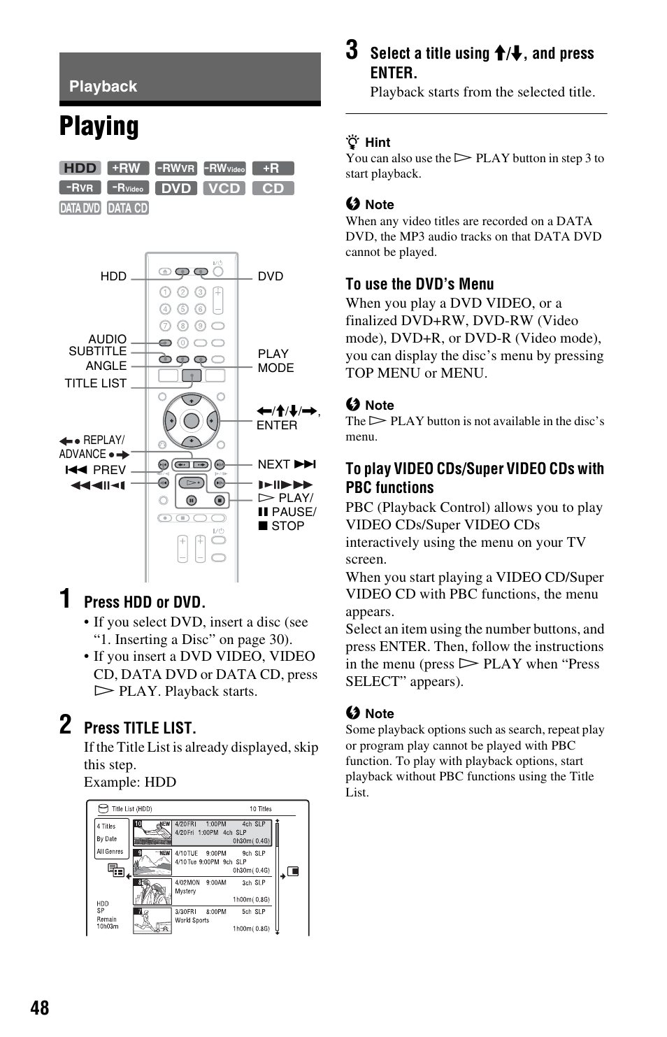 Playback, Playing, Nu (48) | Playing 1 | Sony RDR-HX780 User Manual | Page 48 / 136