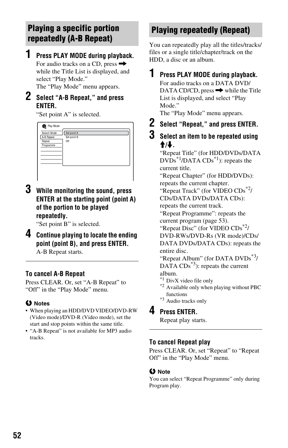 Playing a specific portion repeatedly (a-b repeat), Playing repeatedly (repeat) | Sony RDR-HX780 User Manual | Page 52 / 136