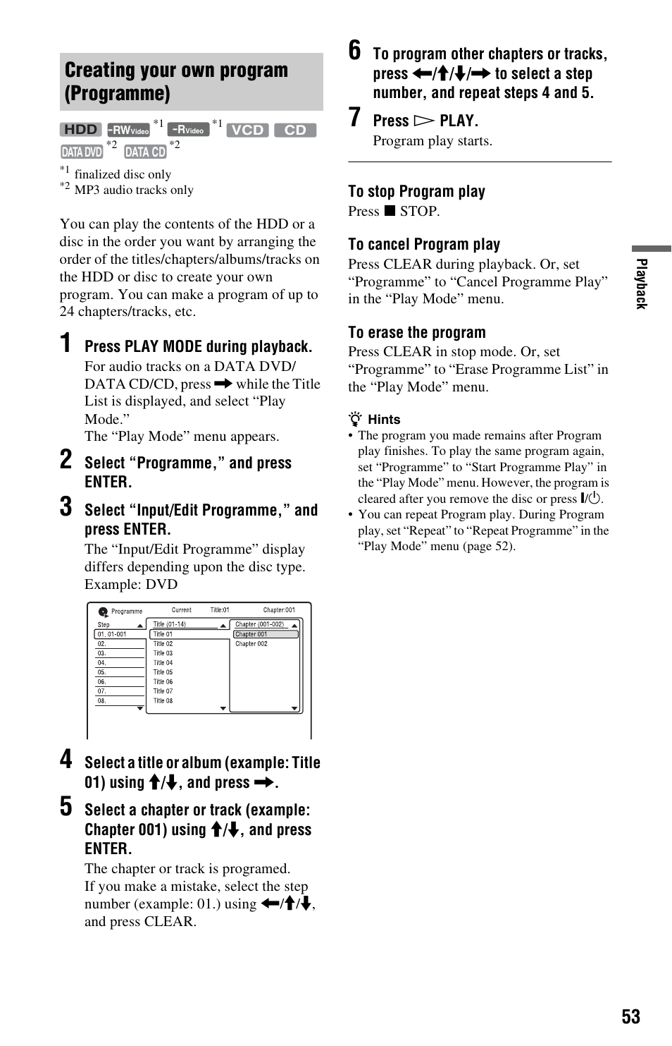 Creating your own program (programme) | Sony RDR-HX780 User Manual | Page 53 / 136