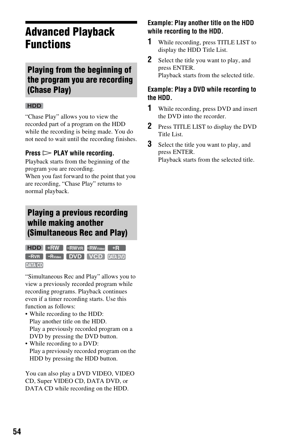 Advanced playback functions, Chase play), Playing a previous recording while making another | Simultaneous rec and play) | Sony RDR-HX780 User Manual | Page 54 / 136