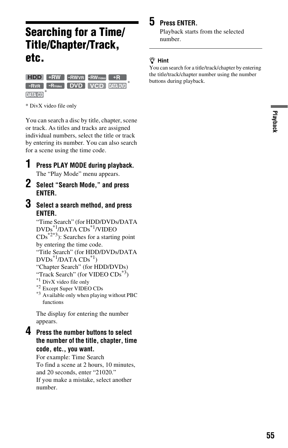 Searching for a time/title/chapter/track, etc, Ns (55), Searching for a time/ title/chapter/track, etc | Sony RDR-HX780 User Manual | Page 55 / 136