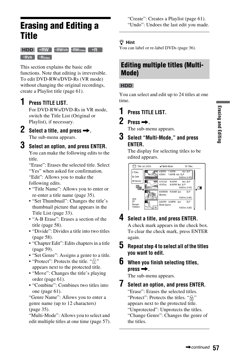 Erasing and editing a title, Editing multiple titles (multi-mode), Editing multiple titles (multi- mode) | Sony RDR-HX780 User Manual | Page 57 / 136