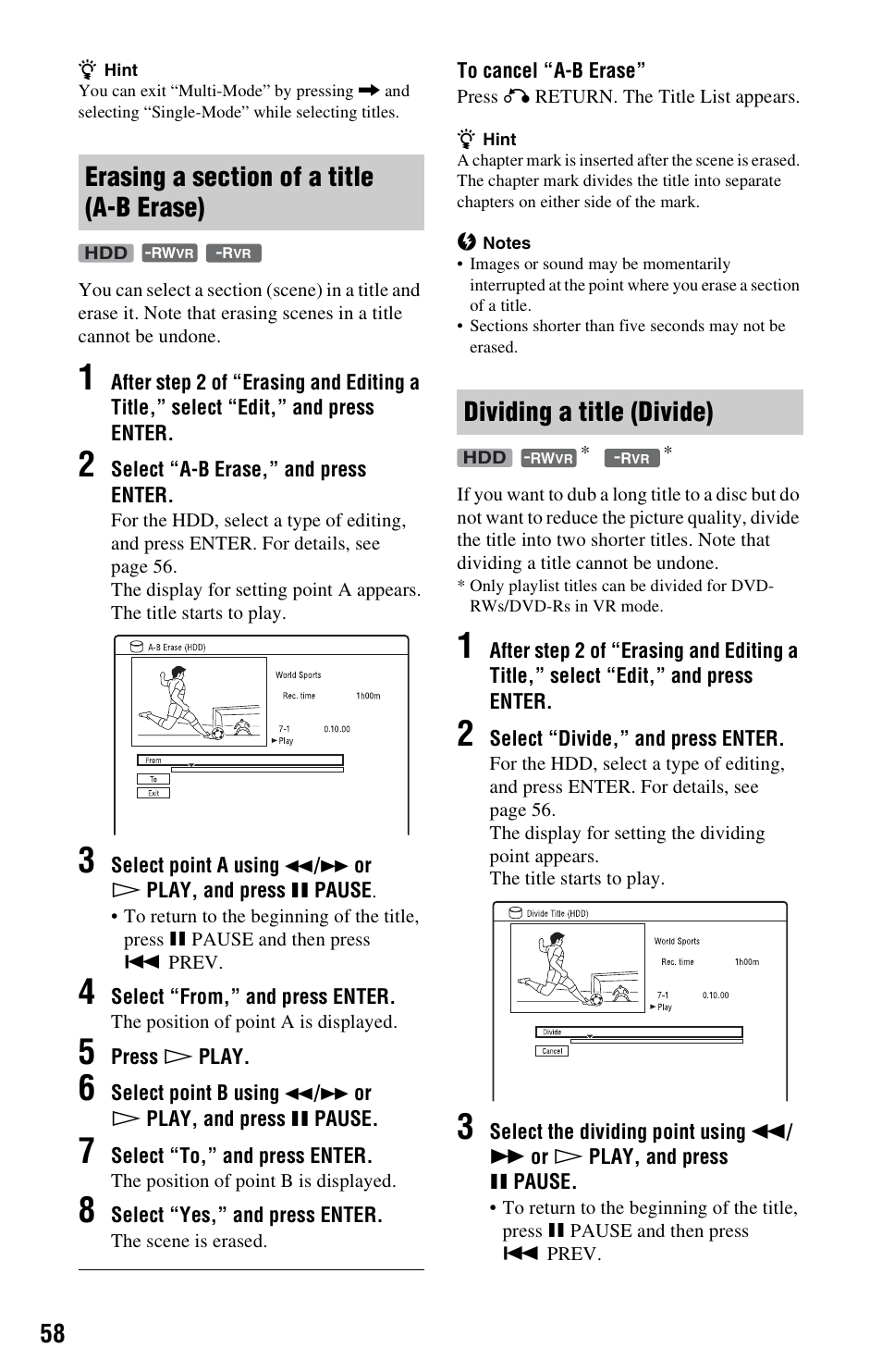 Erasing a section of a title (a-b erase), Dividing a title (divide) | Sony RDR-HX780 User Manual | Page 58 / 136