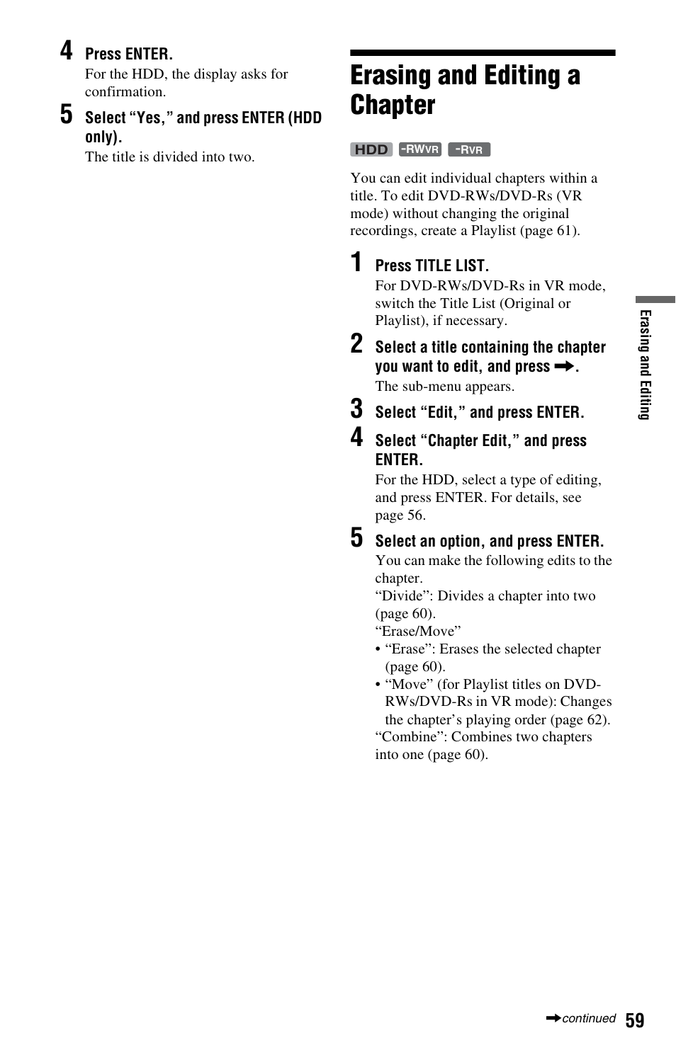 Erasing and editing a chapter | Sony RDR-HX780 User Manual | Page 59 / 136