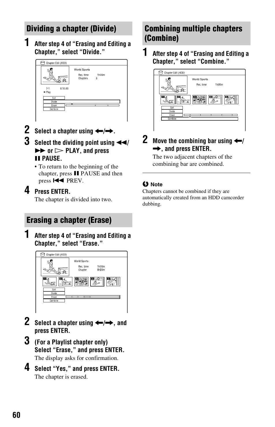 Dividing a chapter (divide), Erasing a chapter (erase), Combining multiple chapters (combine) | Sony RDR-HX780 User Manual | Page 60 / 136