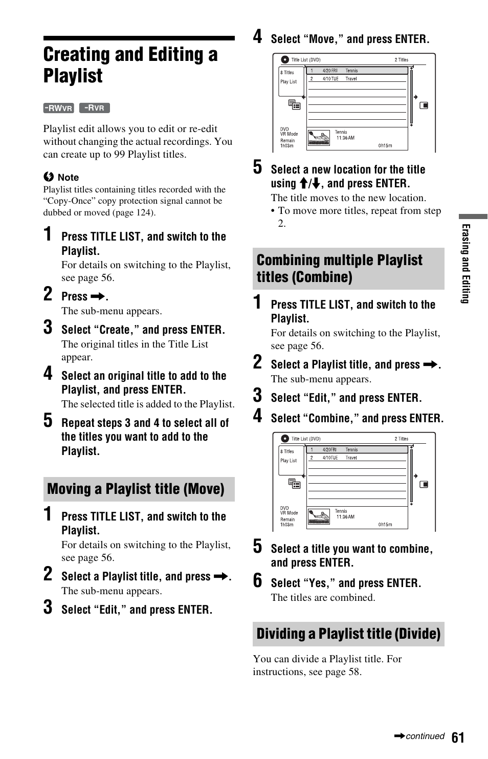 Creating and editing a playlist, Moving a playlist title (move), Combining multiple playlist titles (combine) | Dividing a playlist title (divide) | Sony RDR-HX780 User Manual | Page 61 / 136