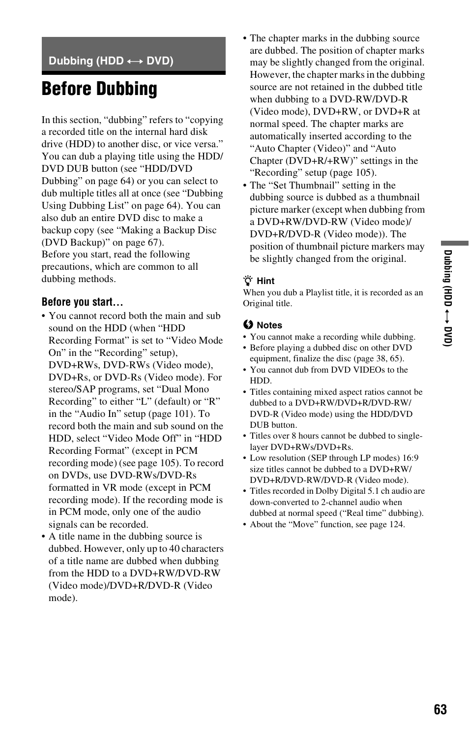 Dubbing (hdd y dvd), Before dubbing, Dubbing (hdd | Sony RDR-HX780 User Manual | Page 63 / 136