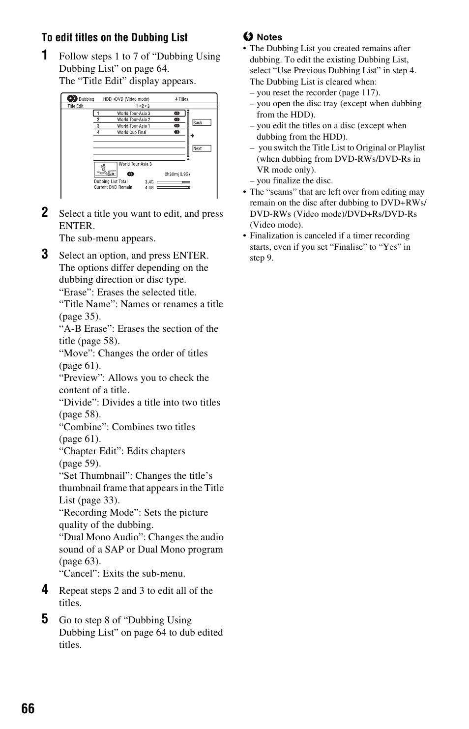 To edit titles on the dubbing list | Sony RDR-HX780 User Manual | Page 66 / 136