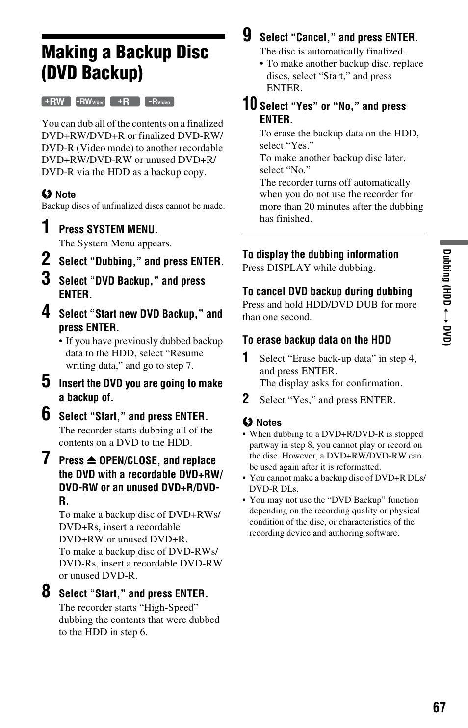 Making a backup disc (dvd backup) | Sony RDR-HX780 User Manual | Page 67 / 136