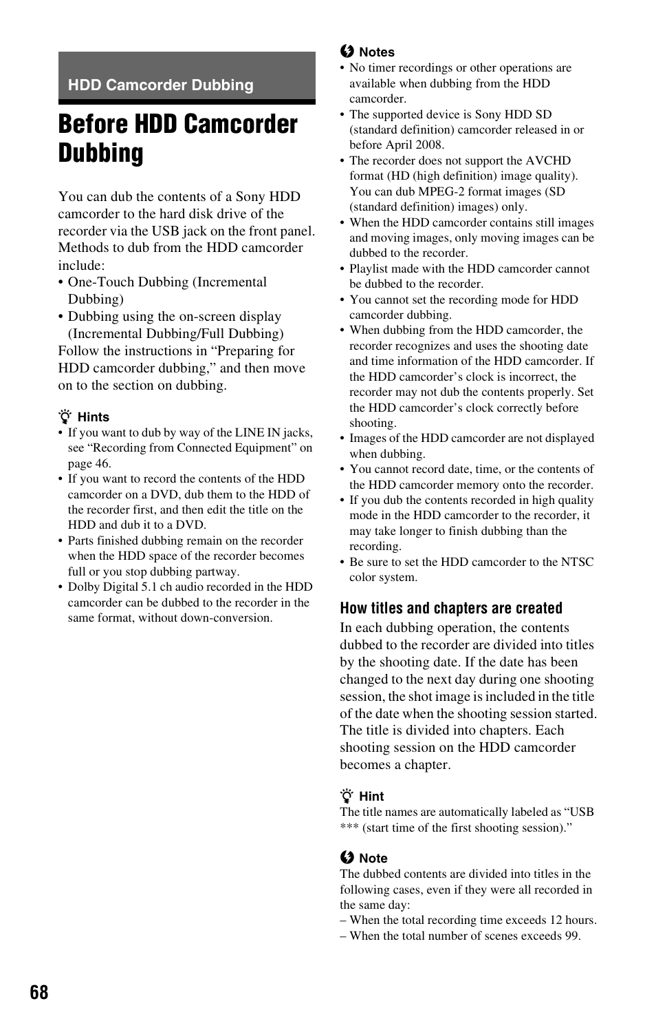 Hdd camcorder dubbing, Before hdd camcorder dubbing | Sony RDR-HX780 User Manual | Page 68 / 136