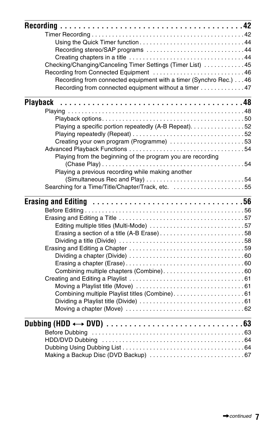 7recording, Playback, Erasing and editing | Dubbing (hdd y dvd) | Sony RDR-HX780 User Manual | Page 7 / 136