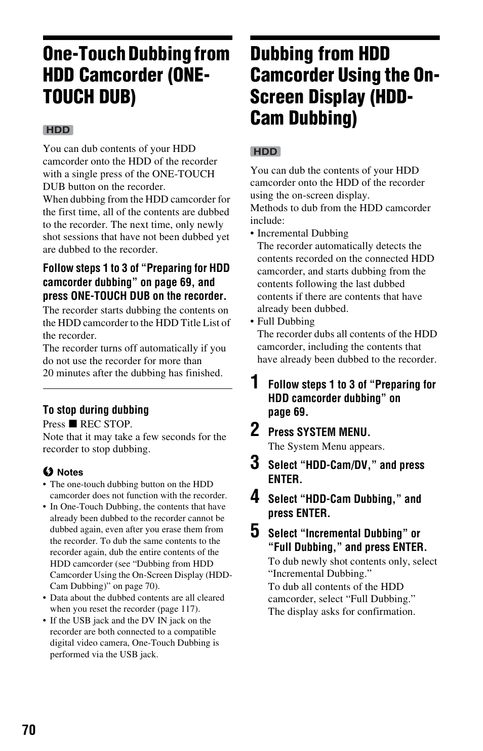 Hdd-cam dubbing), Uch dub (70 | Sony RDR-HX780 User Manual | Page 70 / 136