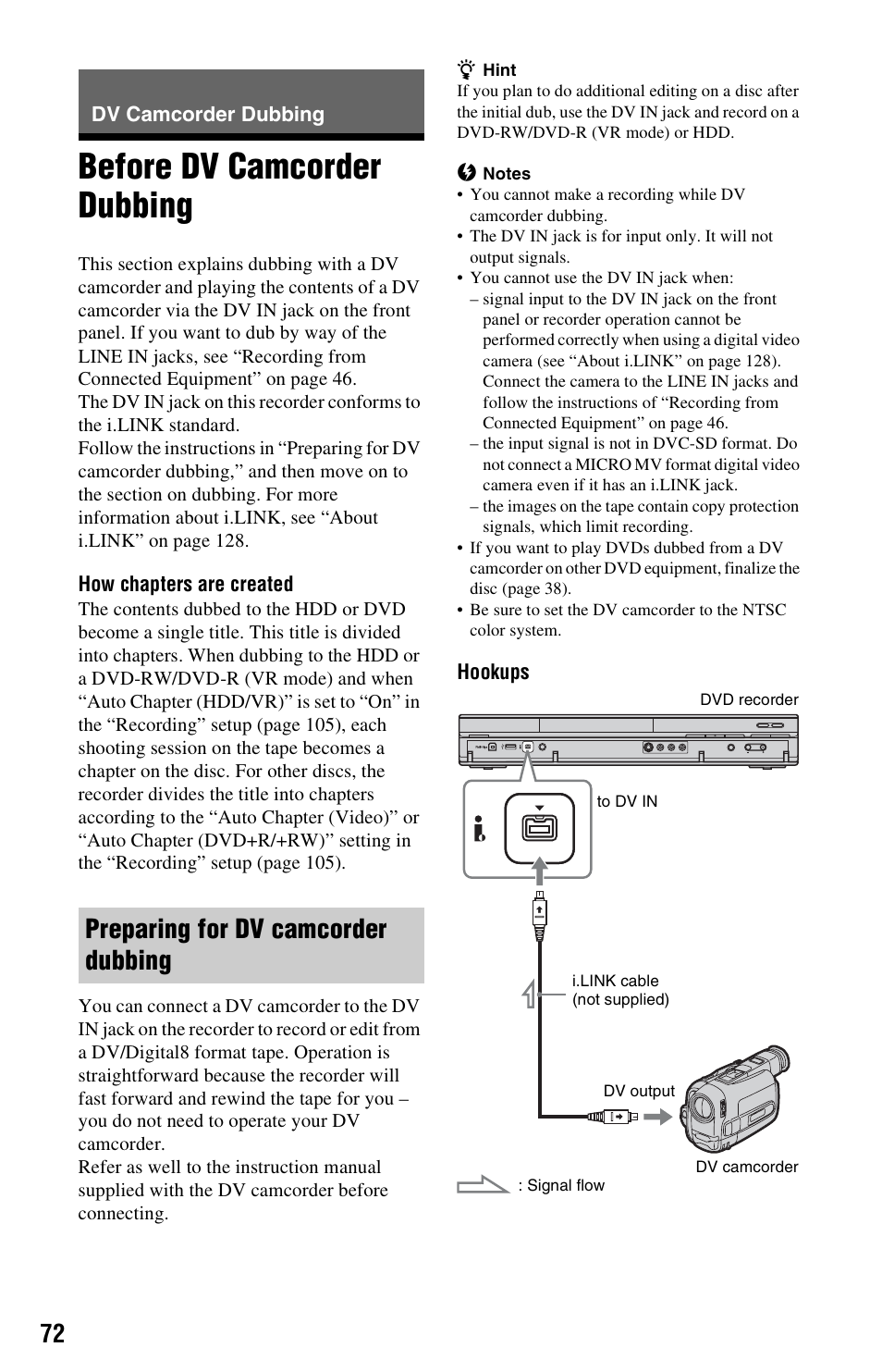 Dv camcorder dubbing, Before dv camcorder dubbing, Preparing for dv camcorder dubbing | Sony RDR-HX780 User Manual | Page 72 / 136